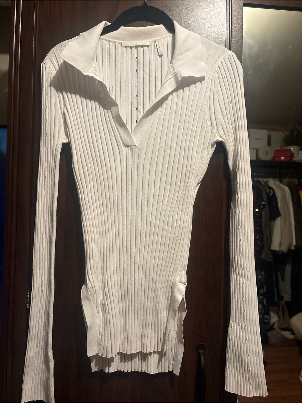 Helmut Lang White Ribbed V-Neck Collared Sweater